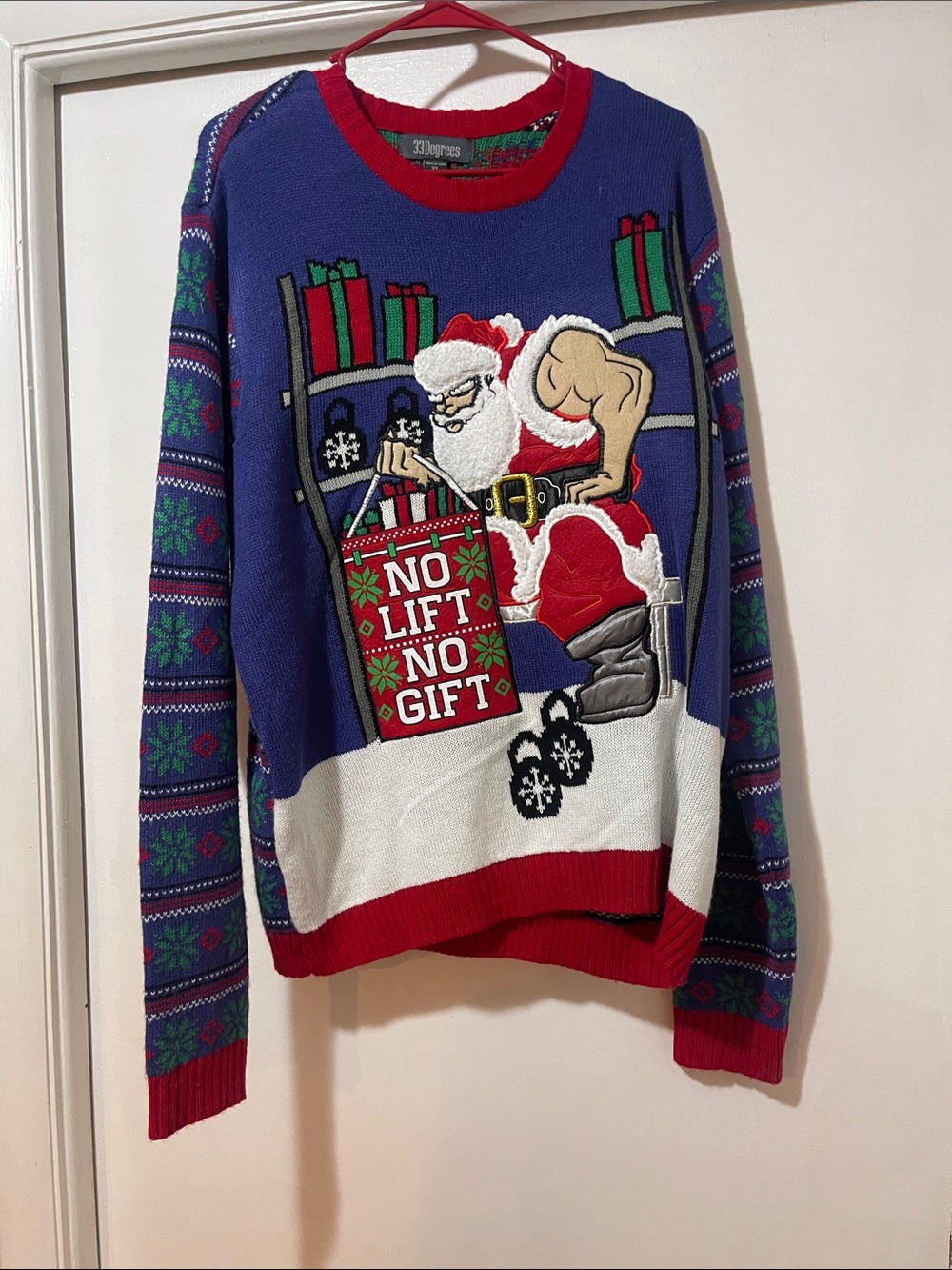 3D  Men's Blue 'No Lift No Gift' Santa Sweater size extra large
